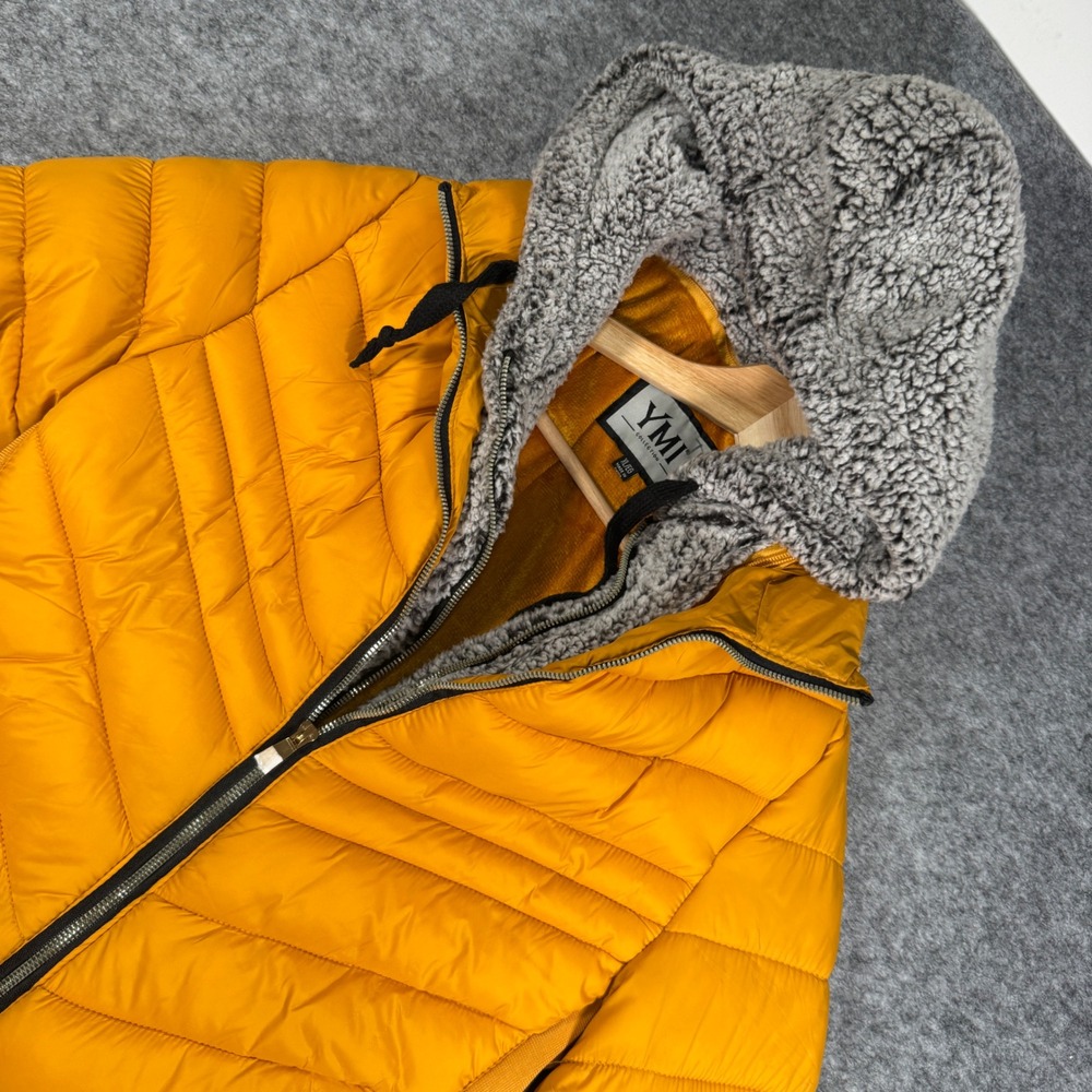 YMI Margot Mustard Yellow Hooded Puffer Jacket XL J1717 Sherpa Lined Quilted